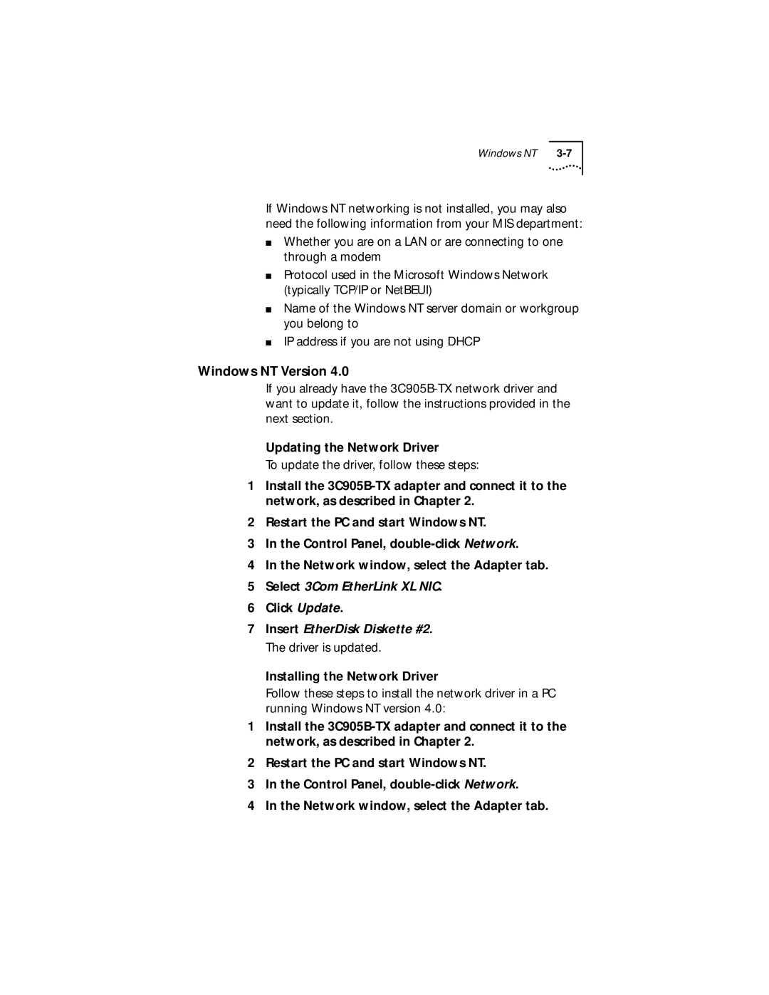 IBM manual Windows NT Version, Select 3Com EtherLink XL NIC, Insert EtherDisk Diskette #2. The driver is updated 