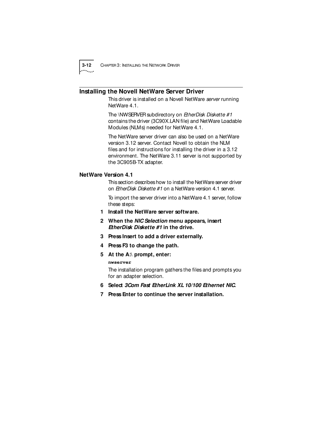 IBM EtherLink XL manual Installing the Novell NetWare Server Driver, NetWare Version 