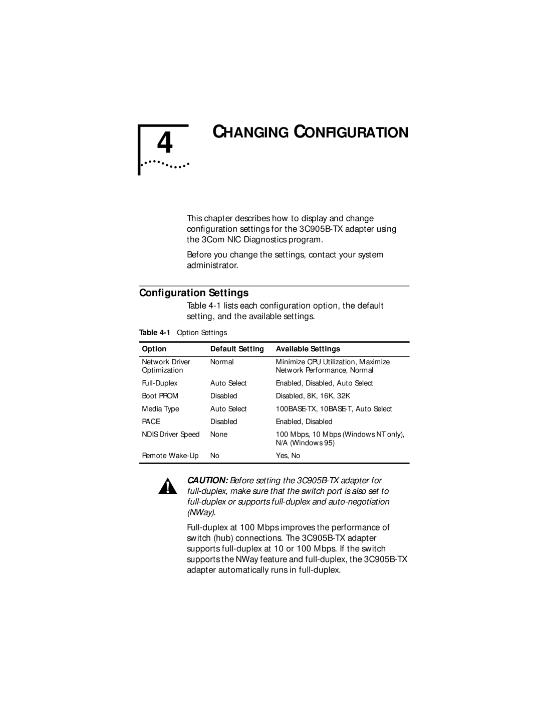 IBM EtherLink XL manual Changing Configuration, Conﬁguration Settings 