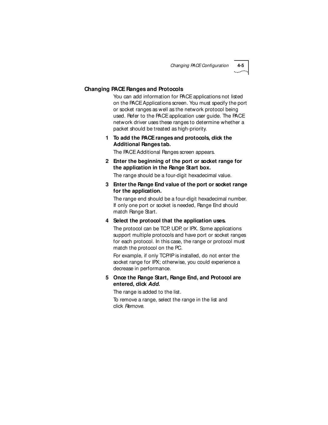 IBM EtherLink XL manual Changing Pace Ranges and Protocols, Select the protocol that the application uses 