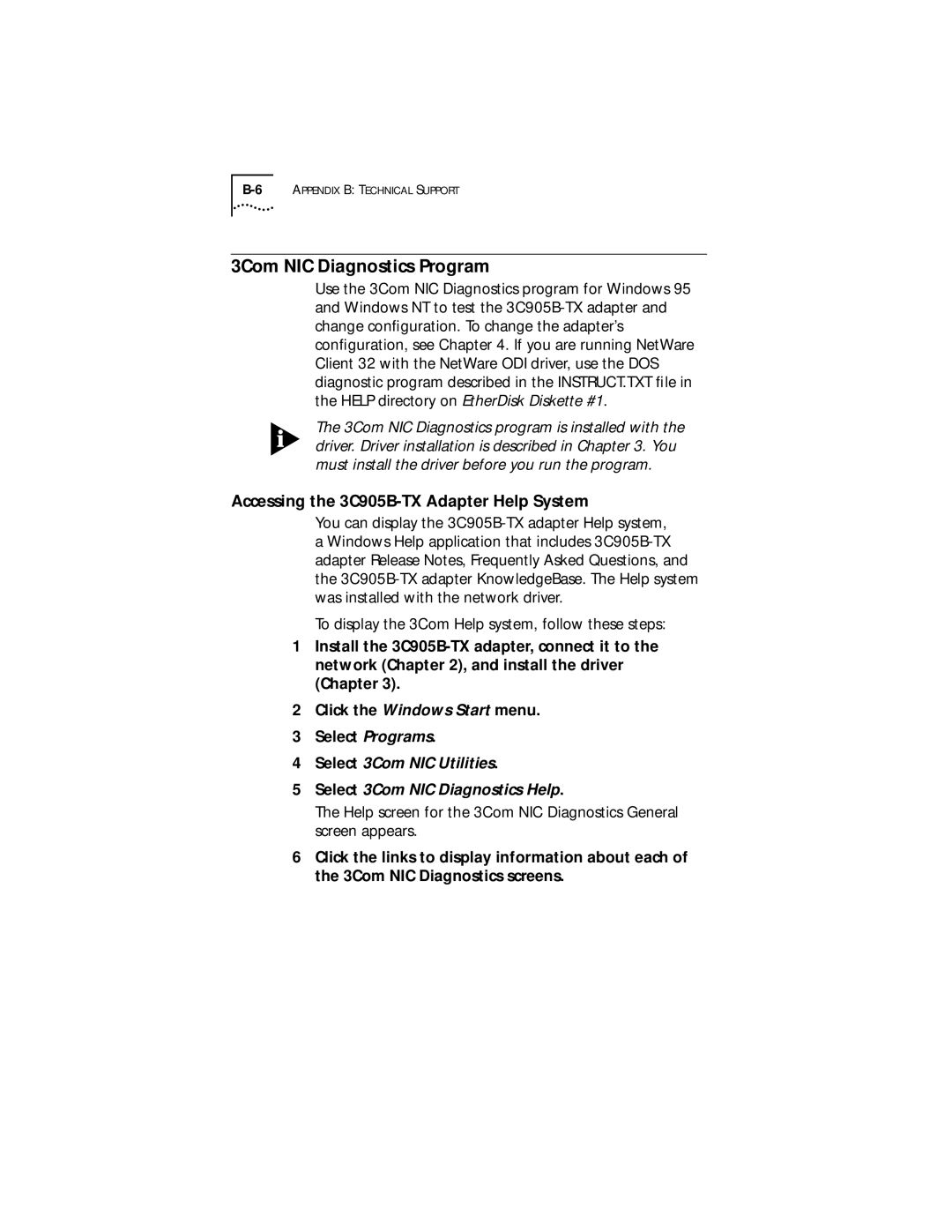 IBM EtherLink XL manual 3Com NIC Diagnostics Program, Accessing the 3C905B-TX Adapter Help System 