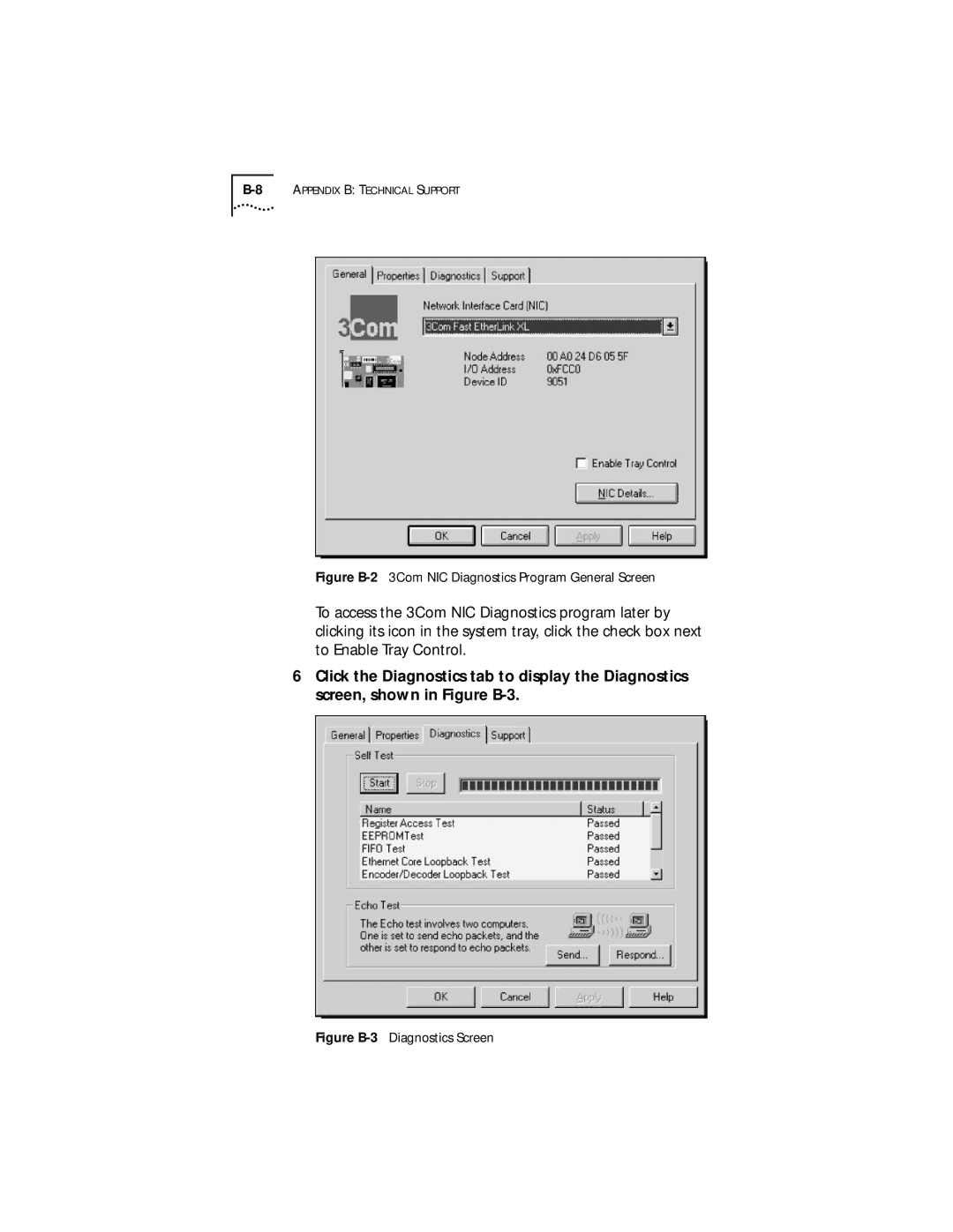 IBM EtherLink XL manual Figure B-23Com NIC Diagnostics Program General Screen 