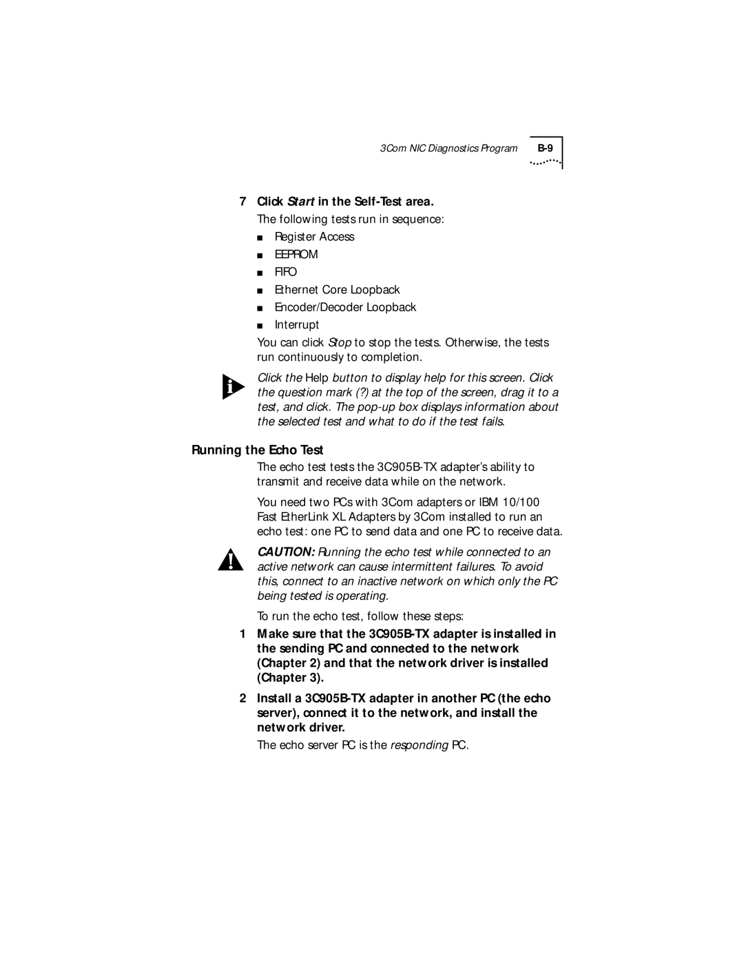 IBM EtherLink XL manual Running the Echo Test, Eeprom Fifo 