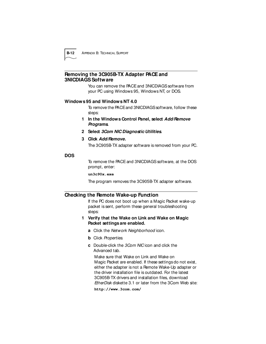 IBM EtherLink XL manual Removing the 3C905B-TX Adapter Pace and 3NICDIAGS Software, Checking the Remote Wake-up Function 