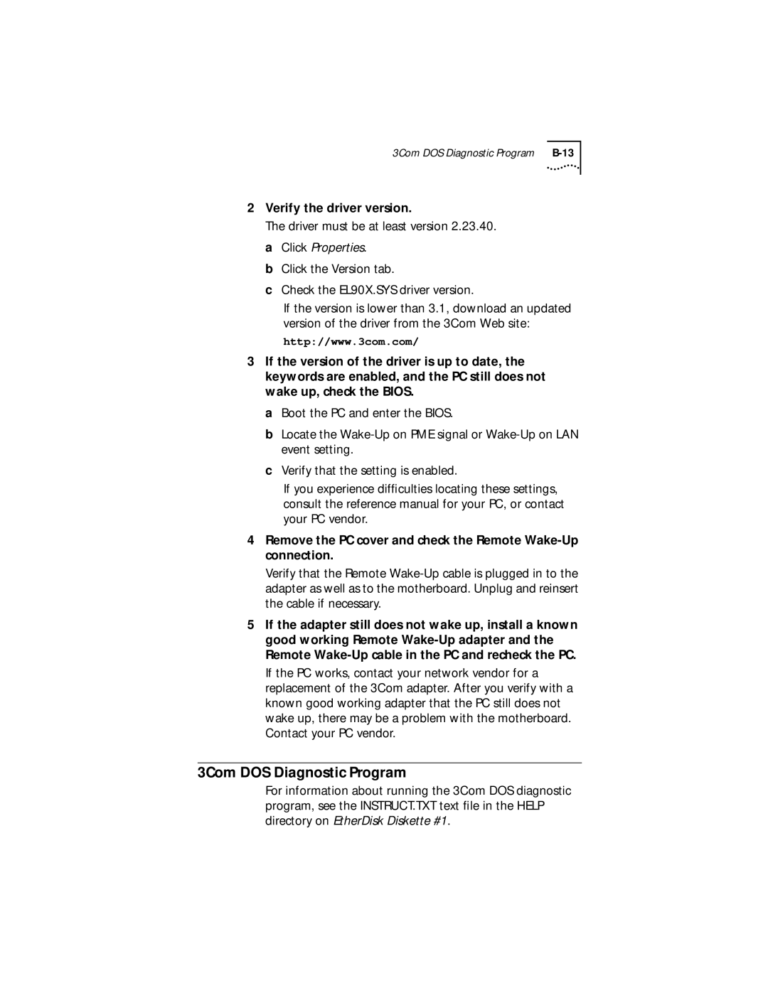 IBM EtherLink XL manual 3Com DOS Diagnostic Program, Verify the driver version 