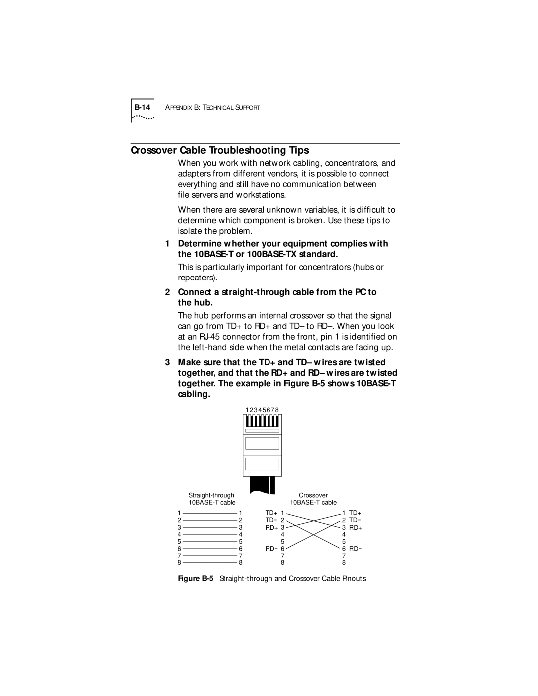 IBM EtherLink XL Crossover Cable Troubleshooting Tips, Connect a straight-through cable from the PC to the hub, Cabling 