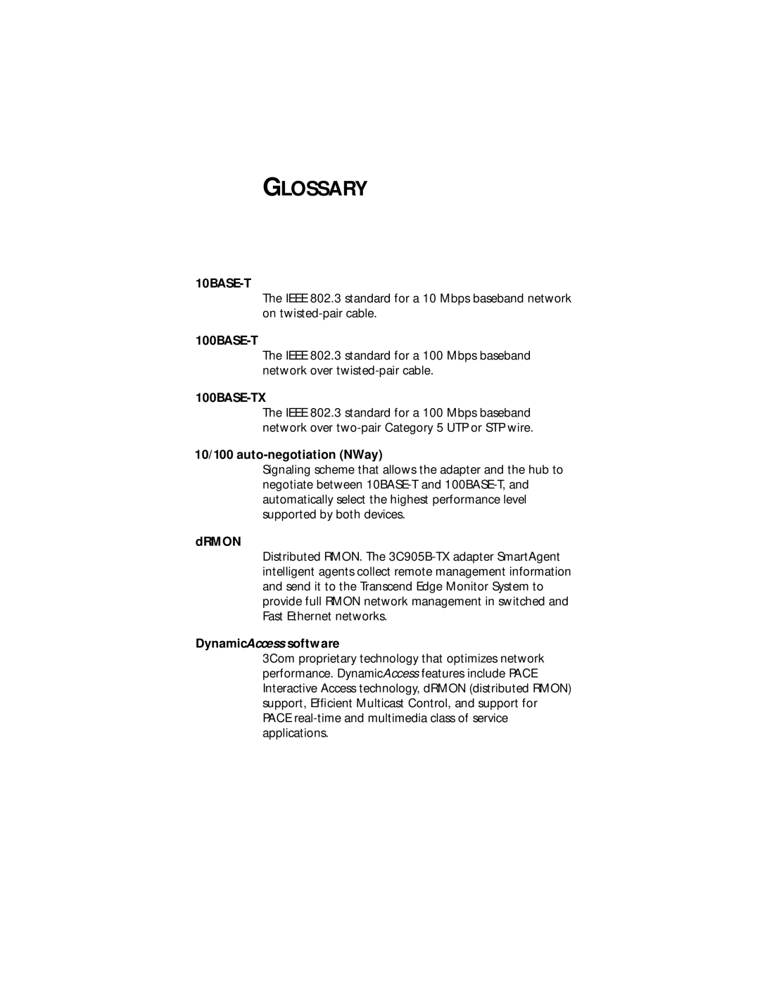 IBM EtherLink XL manual Glossary, 10/100 auto-negotiation NWay, Drmon, DynamicAccess software 