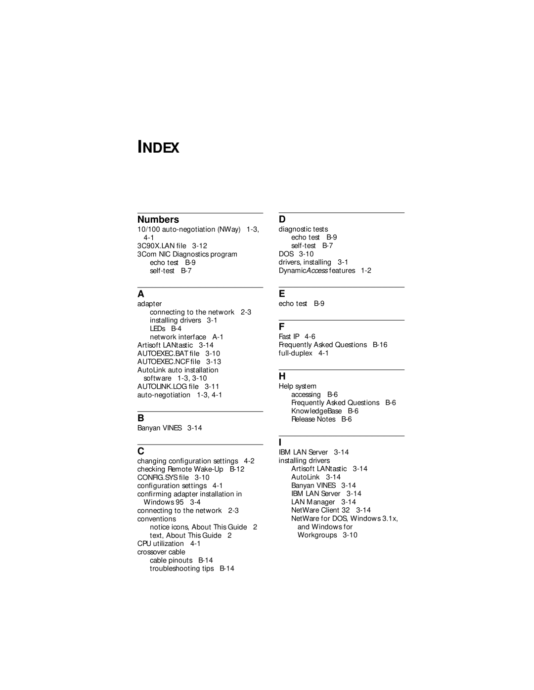 IBM EtherLink XL manual Index, Numbers 