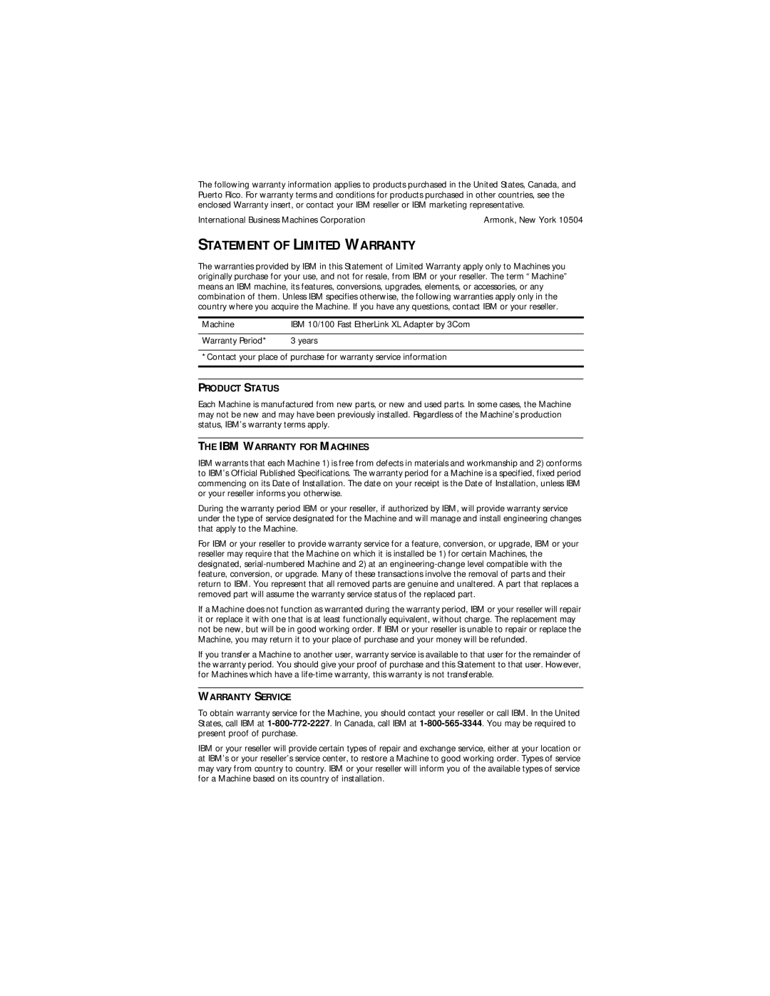 IBM EtherLink XL manual Statement of Limited Warranty 