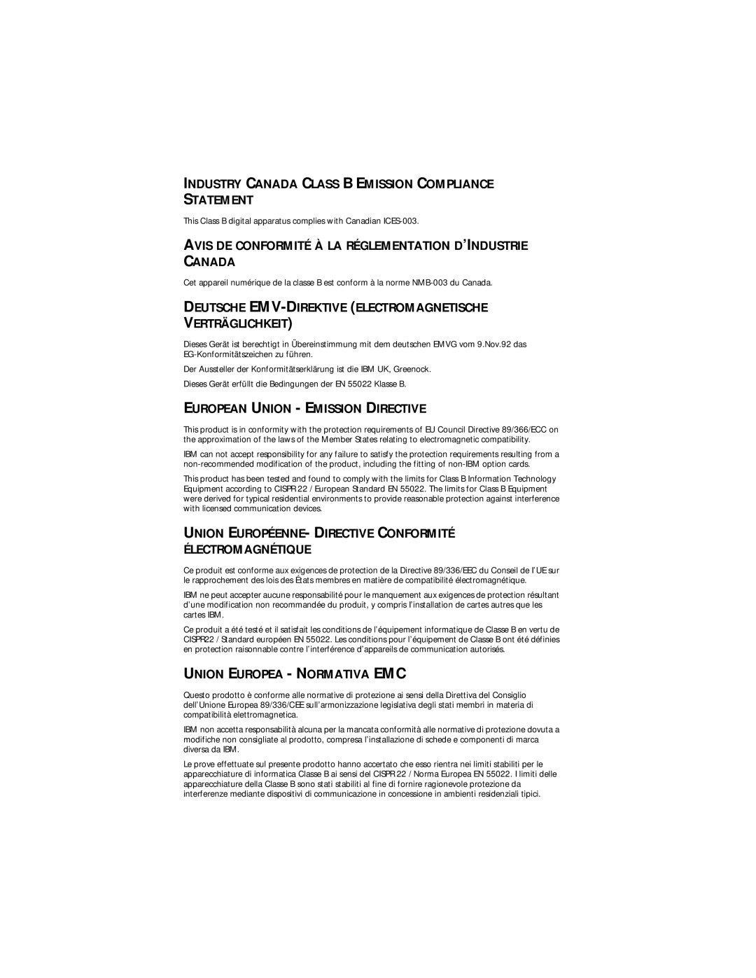 IBM EtherLink XL manual Industry Canada Class B Emission Compliance Statement 