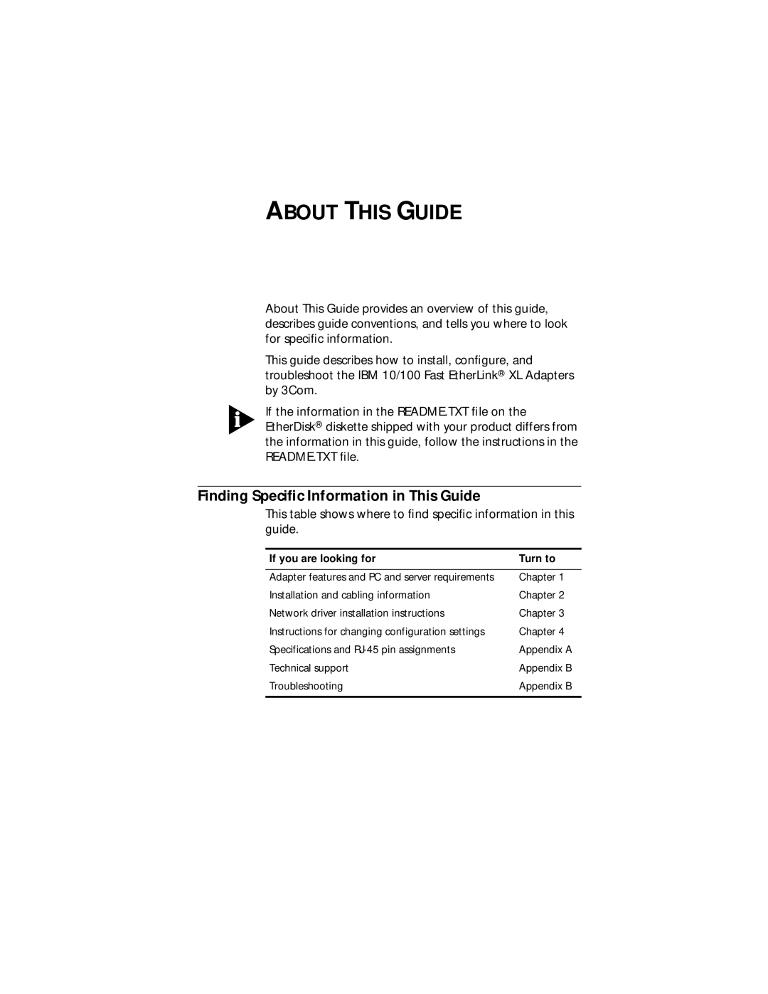 IBM EtherLink XL manual About this Guide, Finding Speciﬁc Information in This Guide 