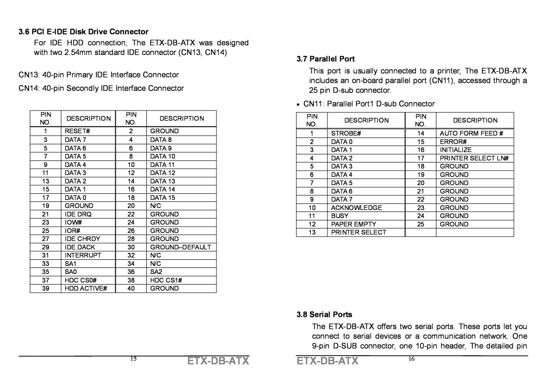 IBM specifications 15ETX-DB-ATX, PCI E-IDE Disk Drive Connector, Parallel Port, Serial Ports, Etx-Db-Atx 