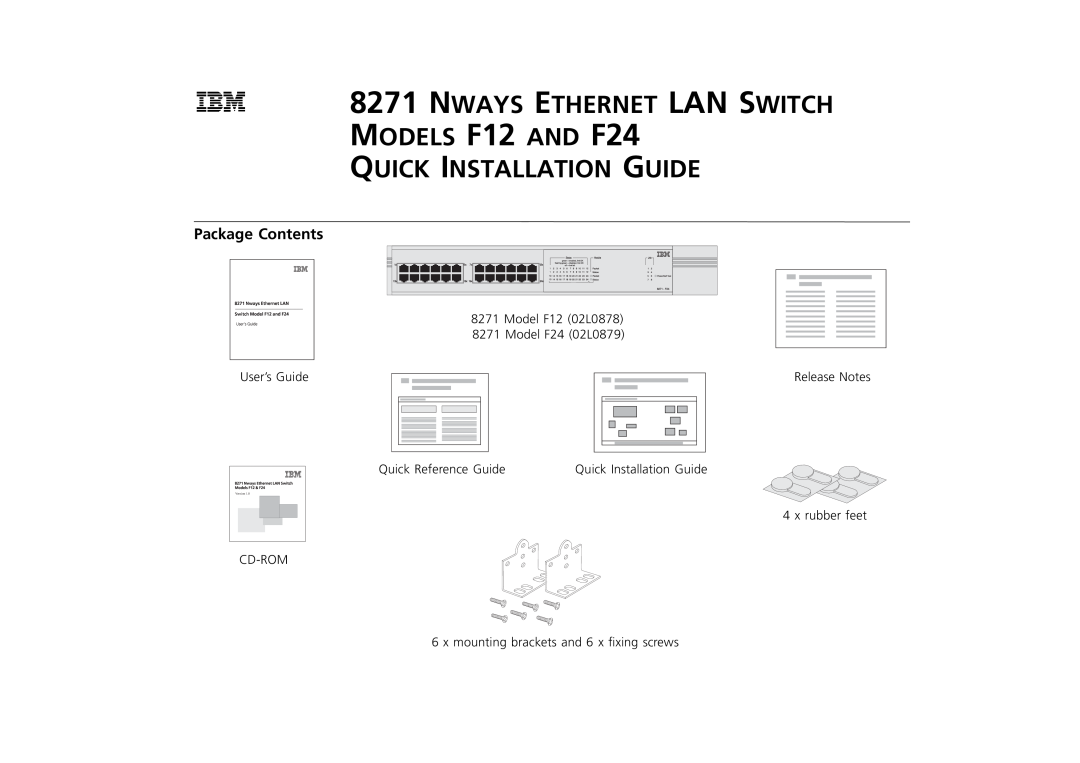 IBM manual Package Contents, NWAYS ETHERNET LAN SWITCH MODELS F12 AND F24, Quick Installation Guide, Release Notes 