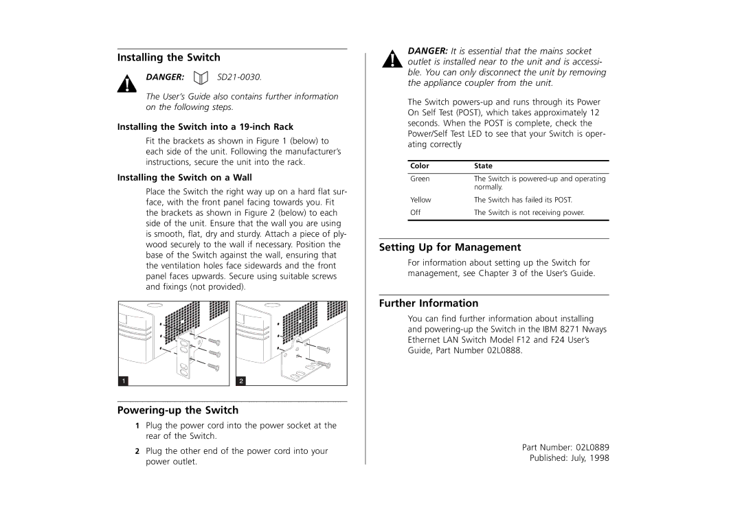 IBM F24, F12 manual Installing the Switch, Powering-up the Switch, Setting Up for Management, Further Information 