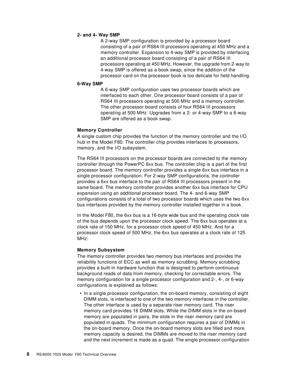 IBM F80 manual Way SMP, Memory Controller, Memory Subsystem 