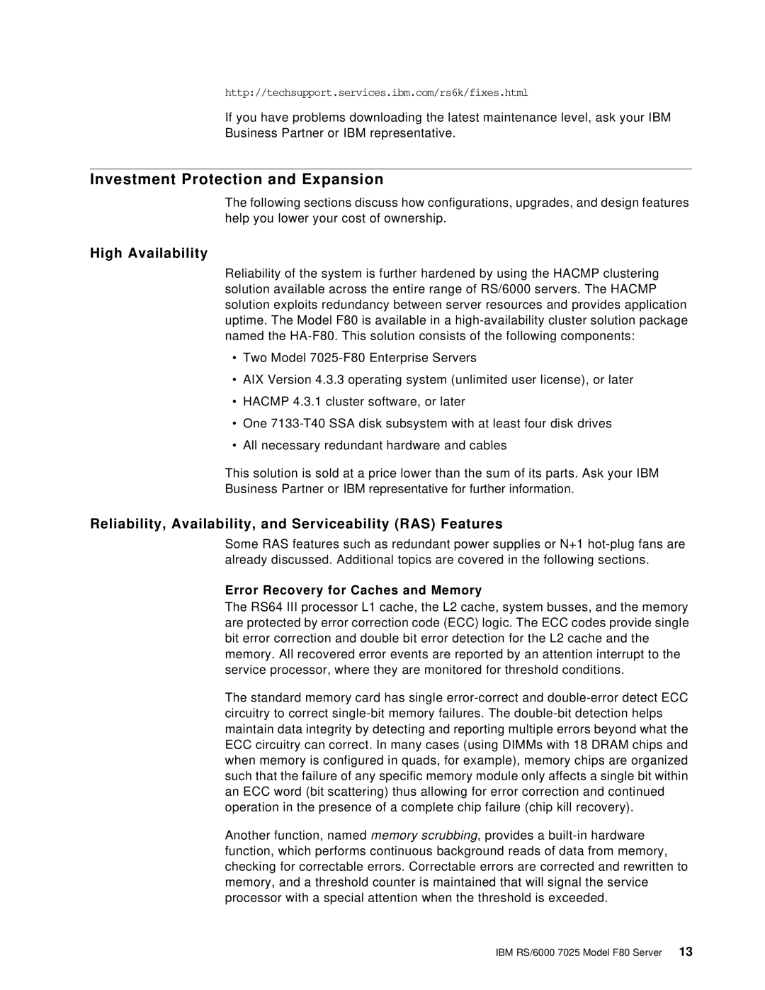 IBM F80 Investment Protection and Expansion, High Availability, Reliability, Availability, and Serviceability RAS Features 