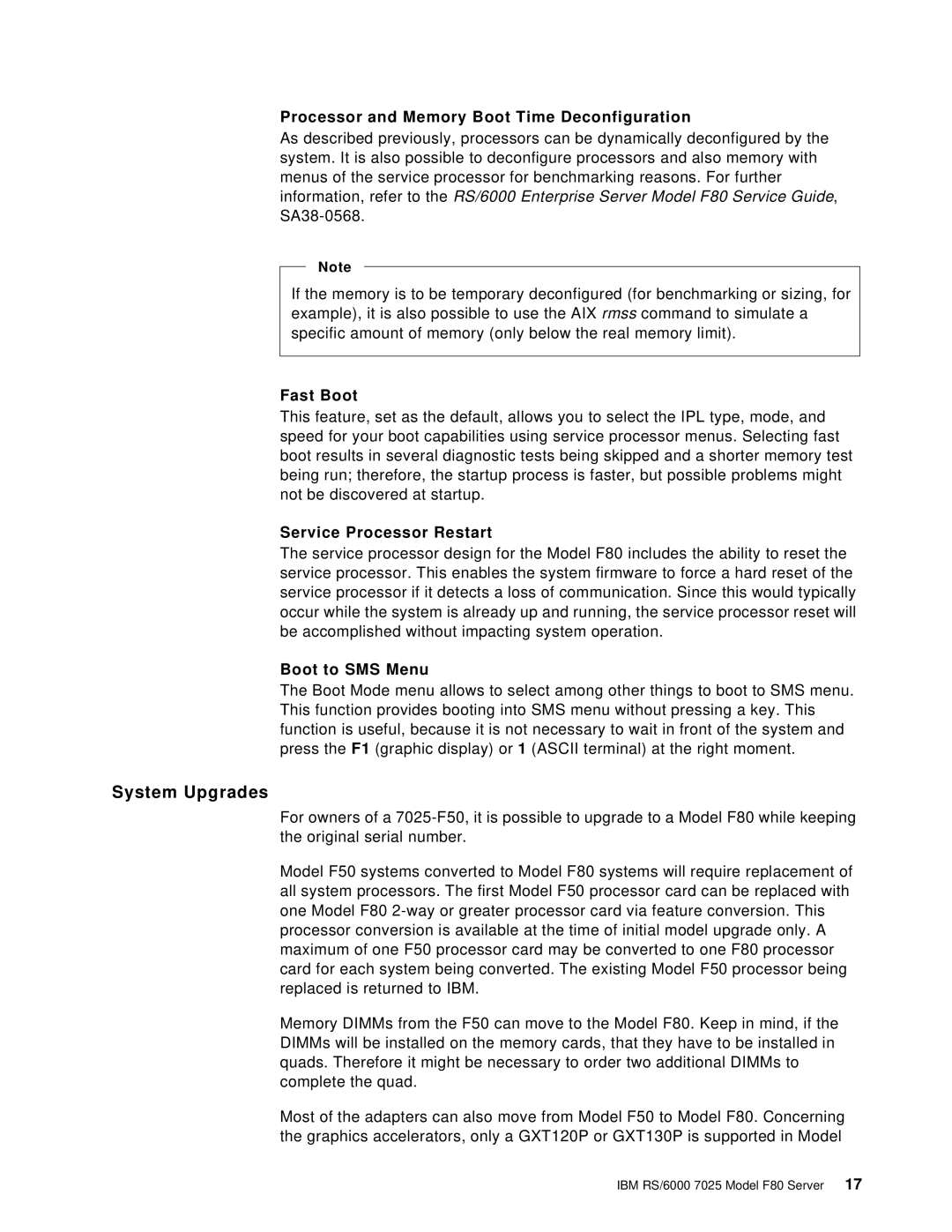 IBM F80 manual System Upgrades, Processor and Memory Boot Time Deconfiguration, Fast Boot, Service Processor Restart 