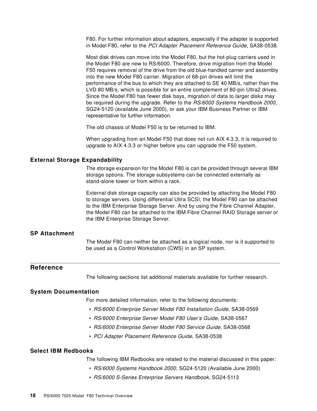 IBM F80 manual Reference, External Storage Expandability, SP Attachment, System Documentation, Select IBM Redbooks 