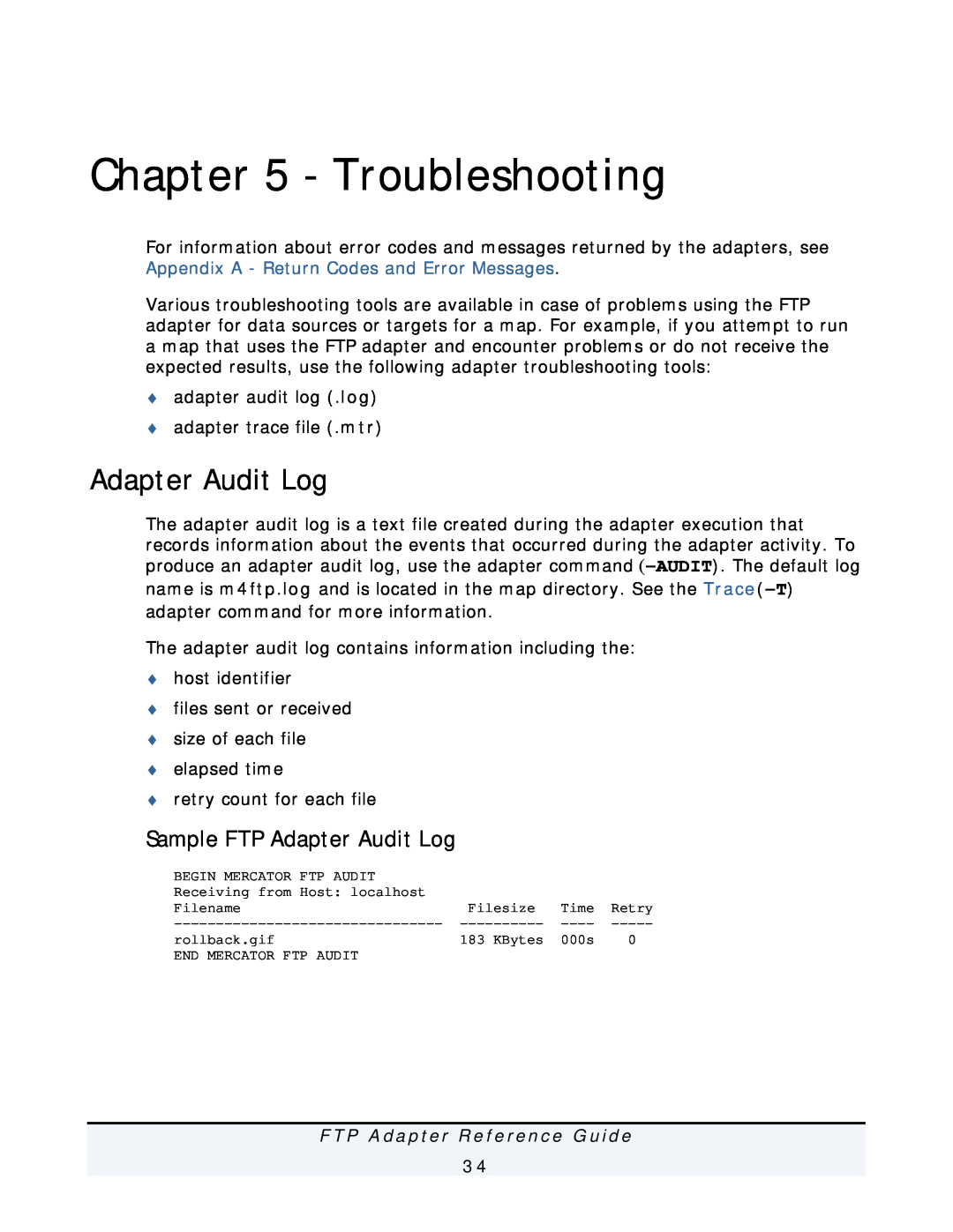 IBM manual Troubleshooting, Sample FTP Adapter Audit Log, F T P A d a p t e r R e f e r e n c e G u i d e 