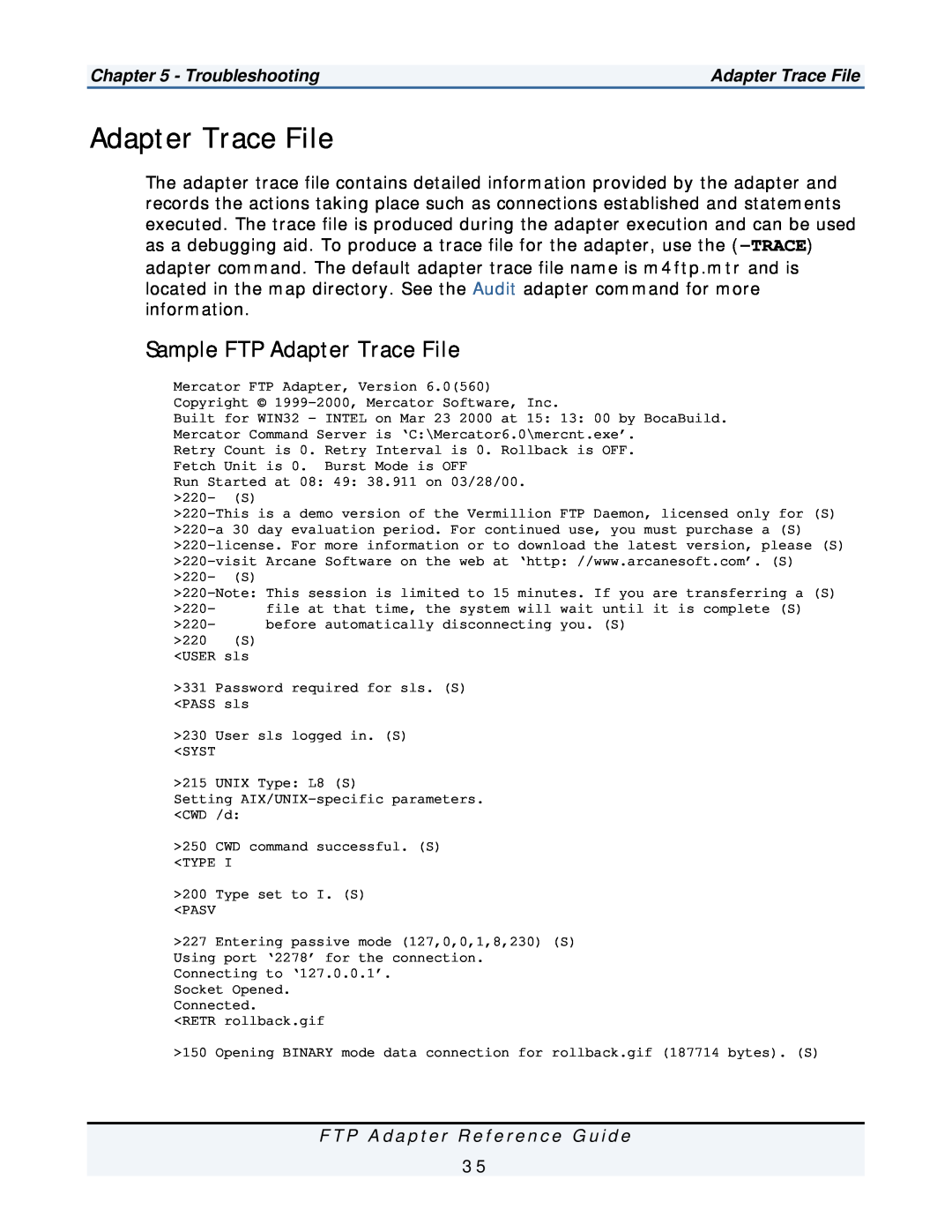 IBM manual Sample FTP Adapter Trace File, Troubleshooting, F T P A d a p t e r R e f e r e n c e G u i d e 