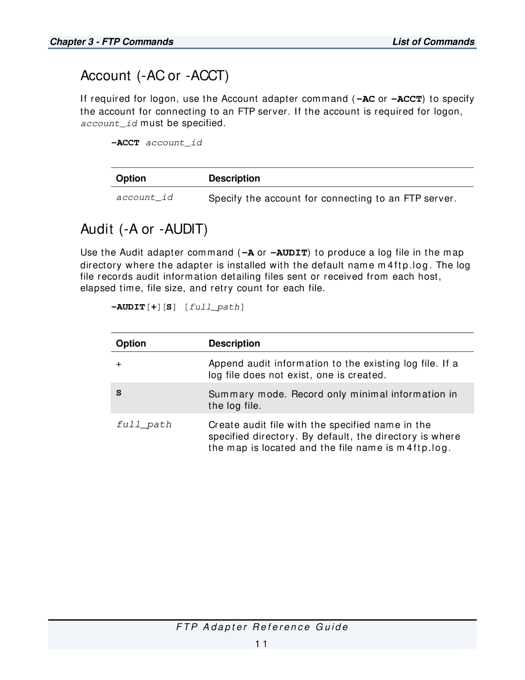 IBM FTP Adapter manual Account -AC or -ACCT, Audit -A or -AUDIT 