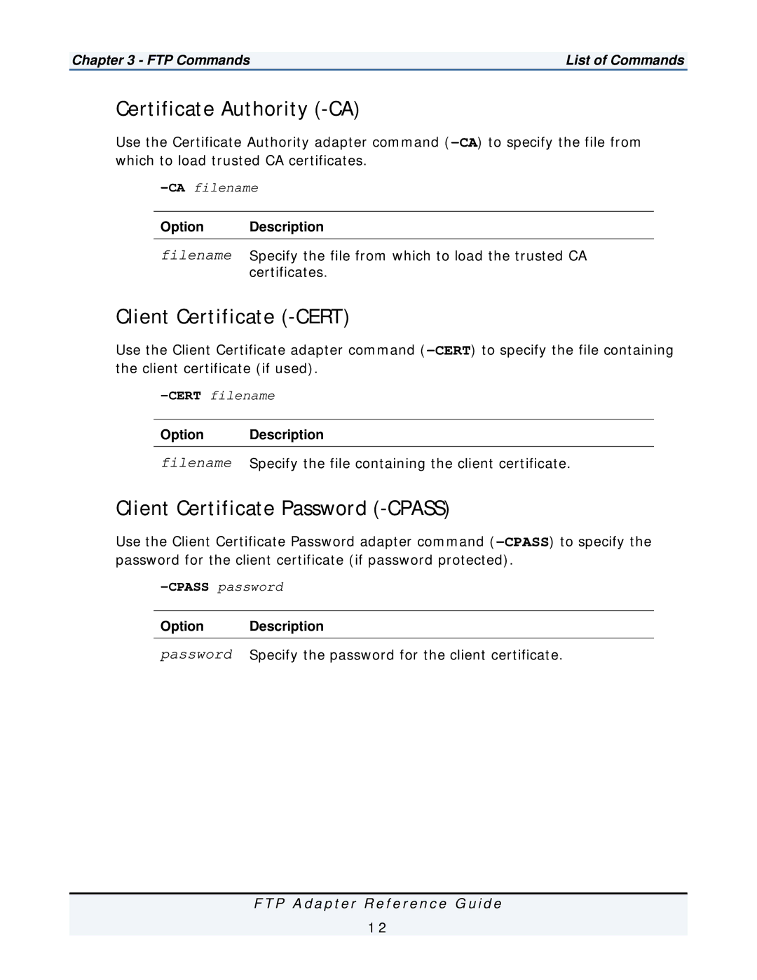 IBM FTP Adapter manual Certificate Authority -CA, Client Certificate -CERT, Client Certificate Password -CPASS 