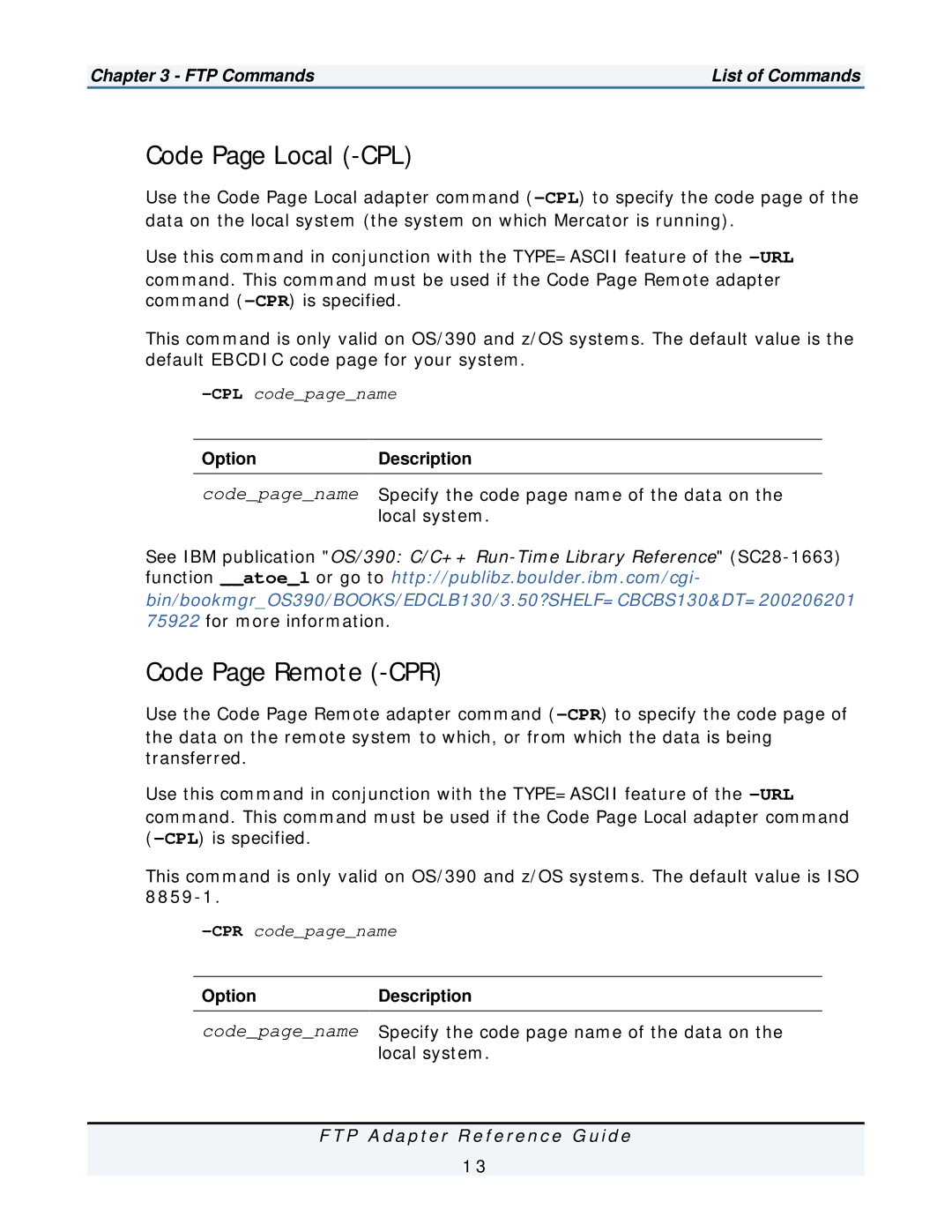 IBM FTP Adapter manual Code Page Local -CPL, Code Page Remote -CPR 