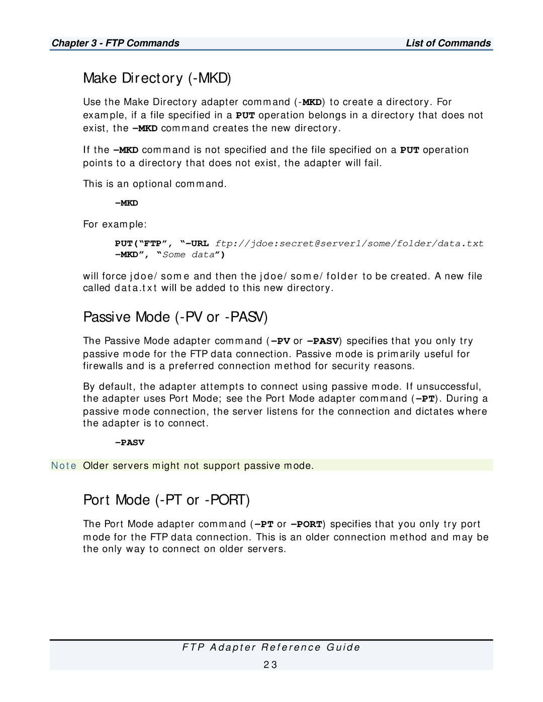 IBM FTP Adapter manual Make Directory -MKD, Passive Mode -PV or -PASV, Port Mode -PT or -PORT 