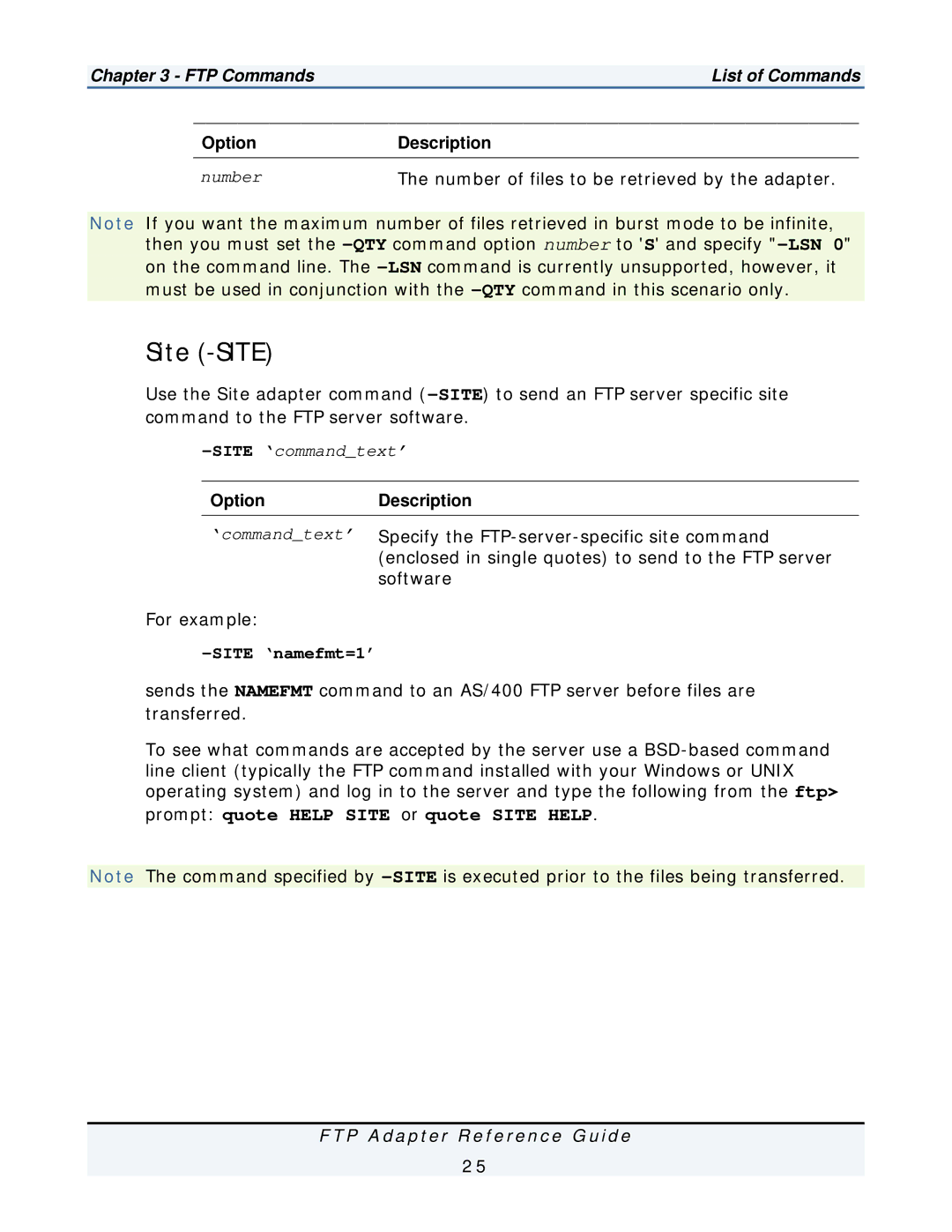 IBM FTP Adapter manual Site -SITE, Number of files to be retrieved by the adapter 