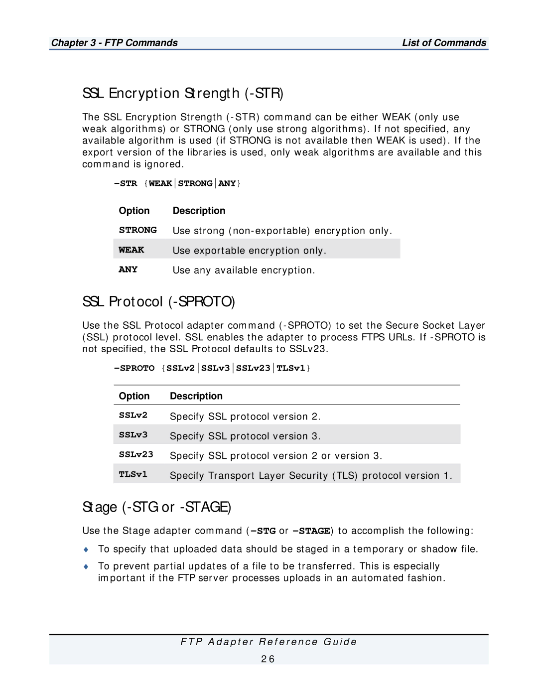 IBM FTP Adapter manual SSL Encryption Strength -STR, SSL Protocol -SPROTO, Stage -STG or -STAGE 