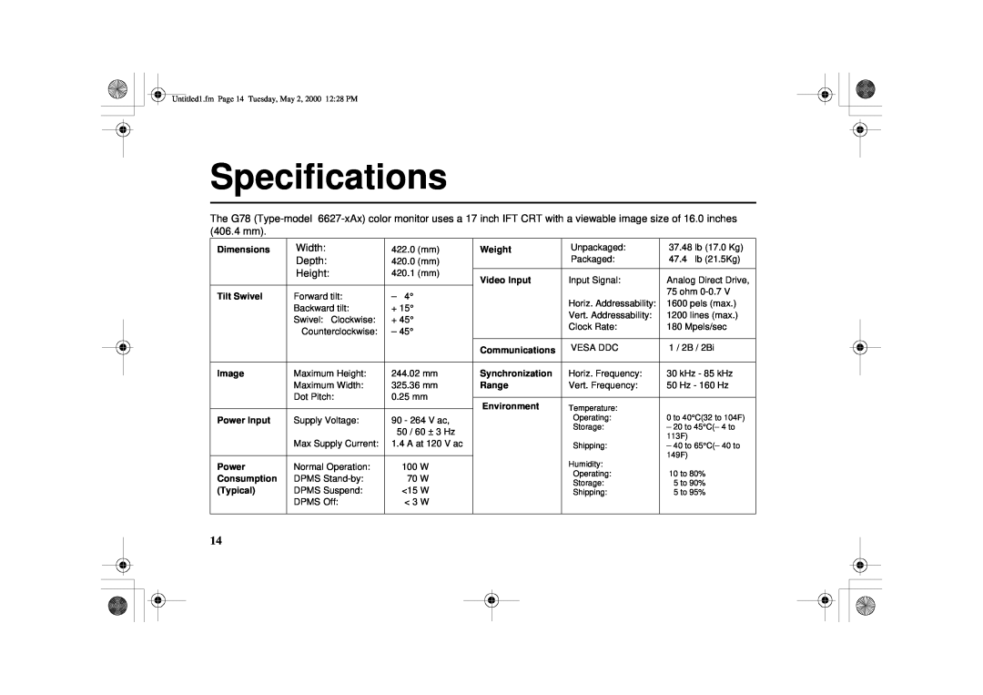 IBM G 78 appendix Specifications, Width, Depth, Height 