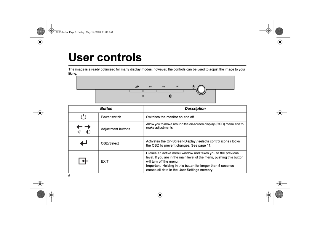 IBM G 78 appendix User controls, Button, Description 