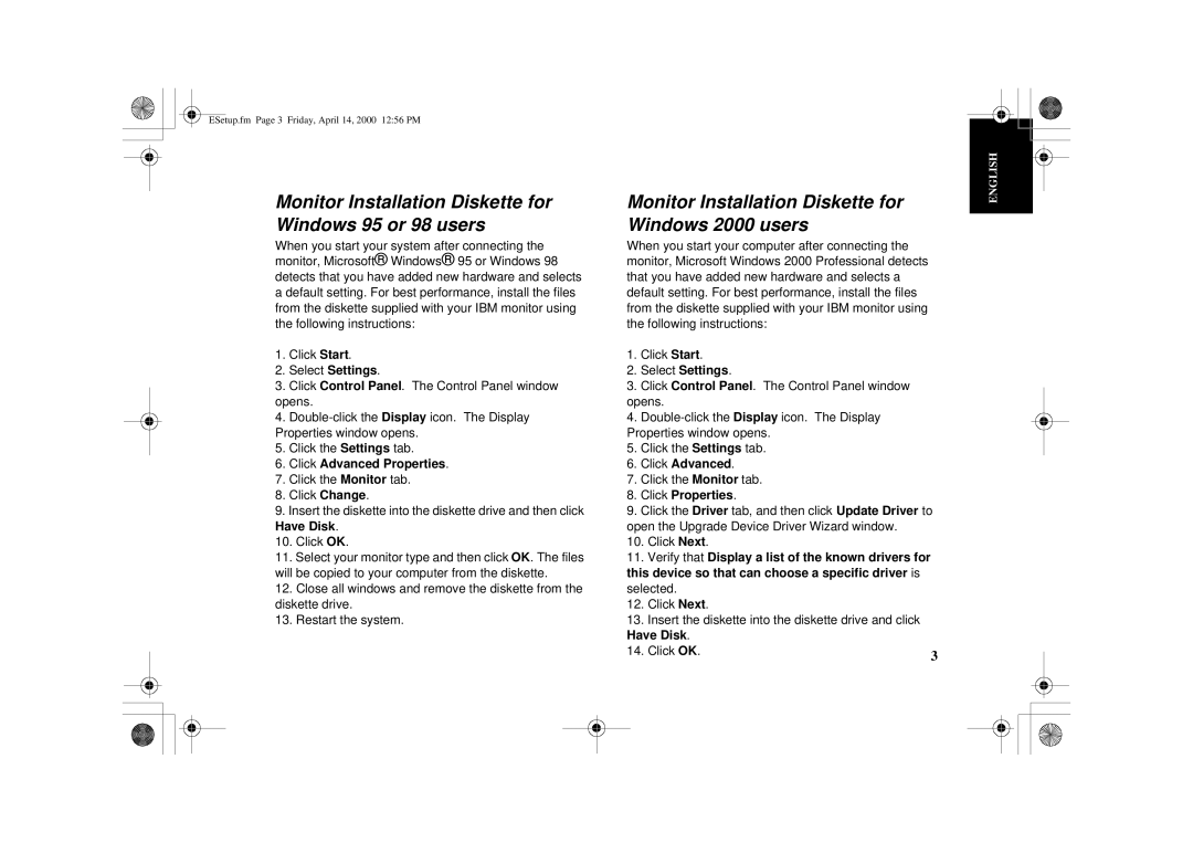 IBM G 78 Monitor Installation Diskette for Windows 95 or 98 users, Monitor Installation Diskette for Windows 2000 users 