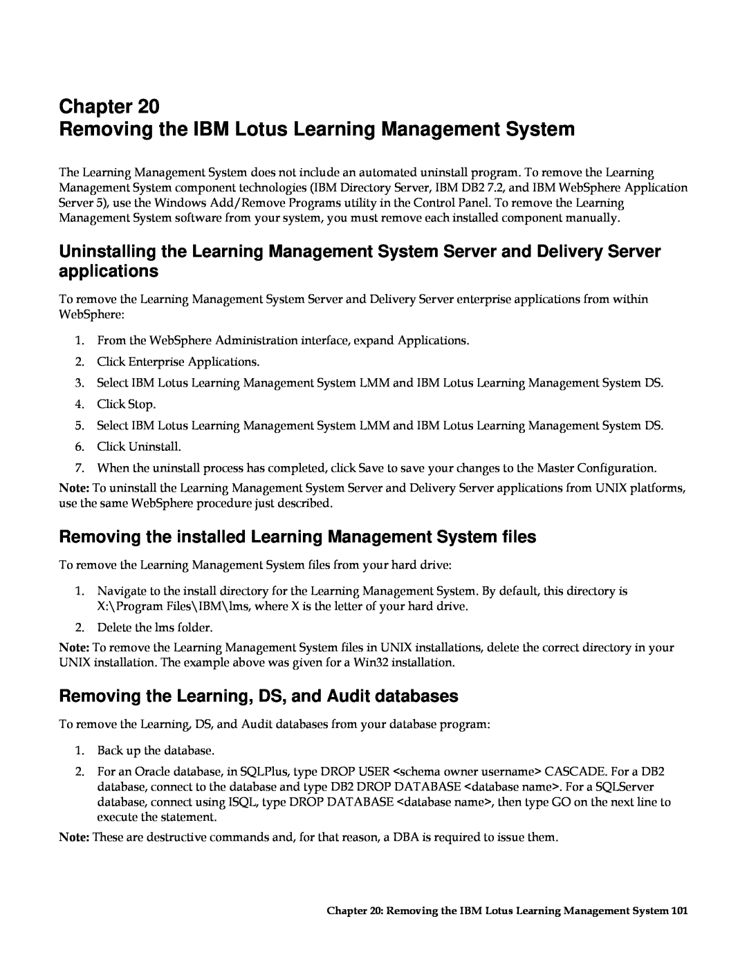 IBM G210-1784-00 Chapter Removing the IBM Lotus Learning Management System, Removing the Learning, DS, and Audit databases 