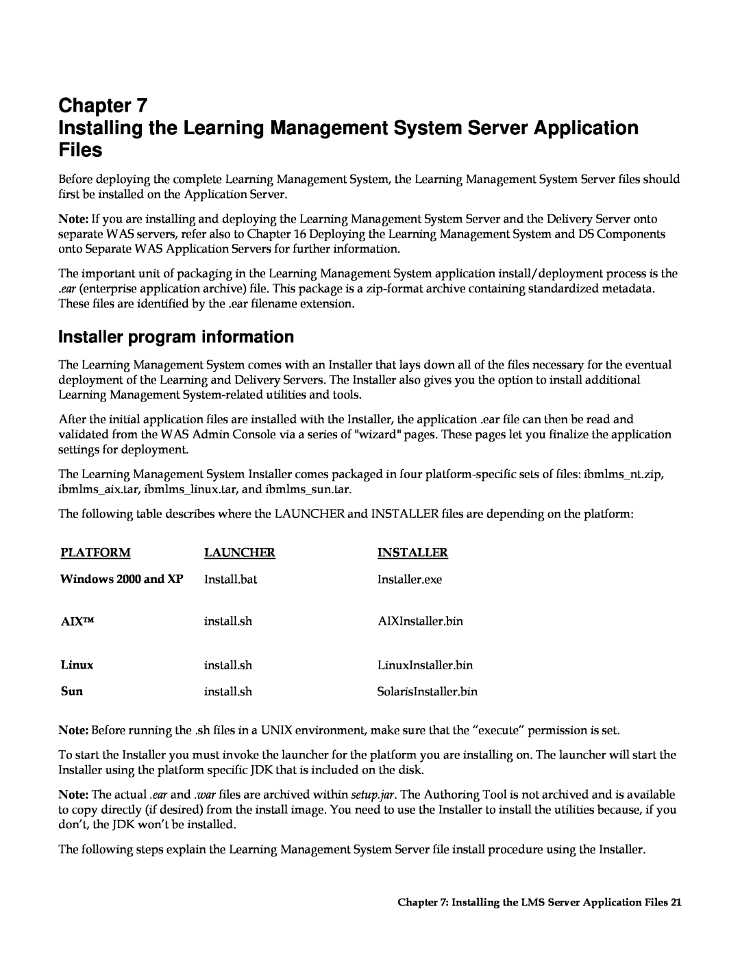 IBM G210-1784-00 Chapter Installing the Learning Management System Server Application, Files, Platform, Launcher, Linux 
