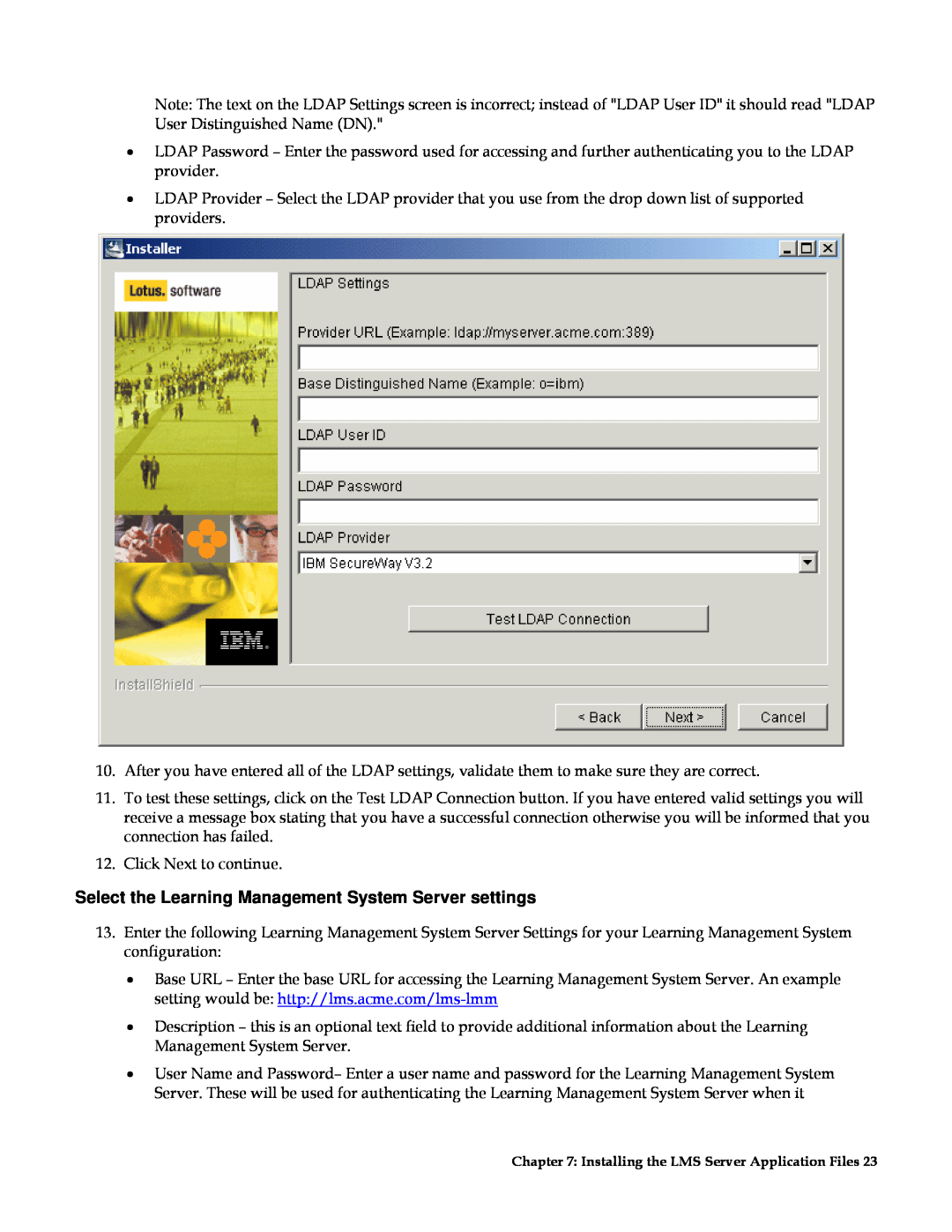 IBM G210-1784-00 manual Select the Learning Management System Server settings 