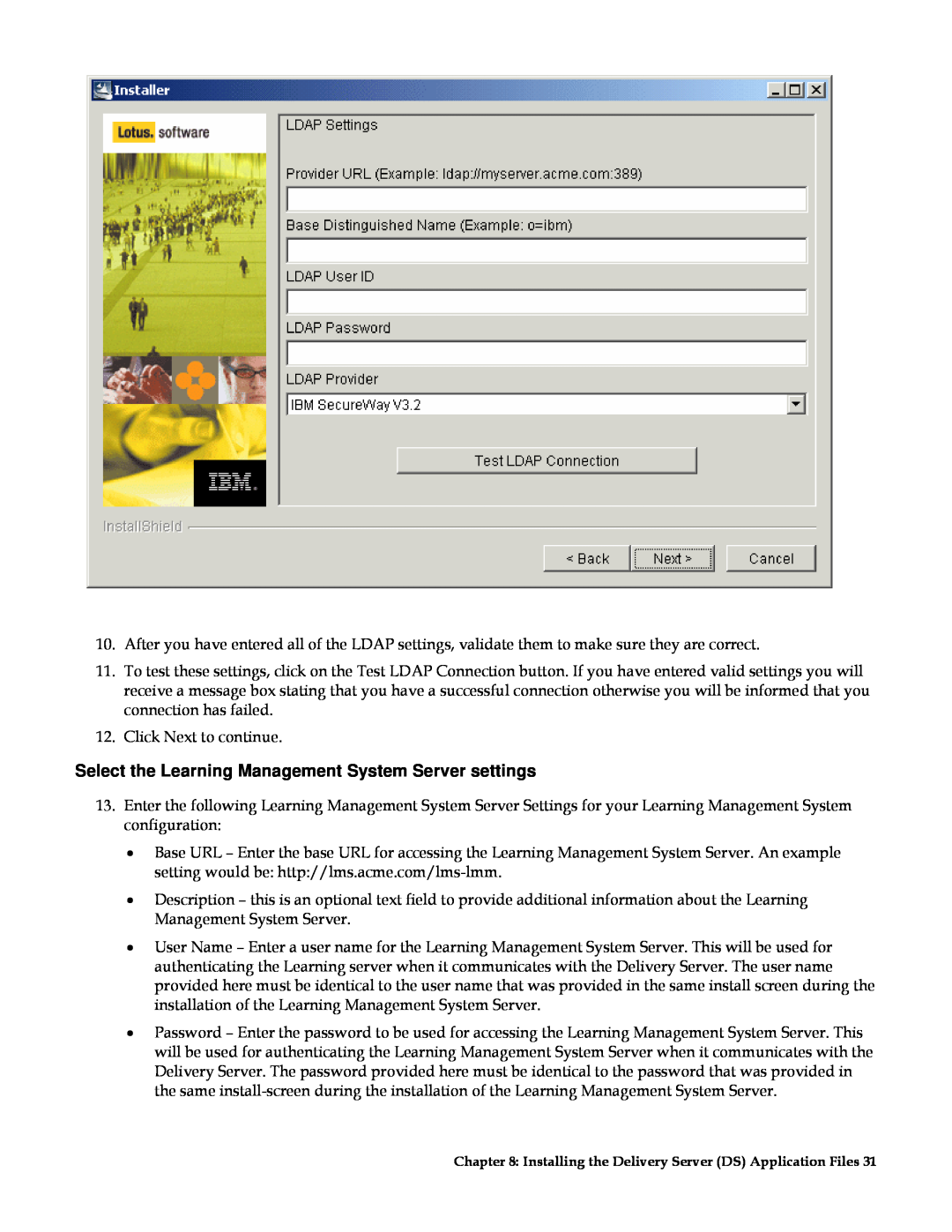 IBM G210-1784-00 manual Select the Learning Management System Server settings 