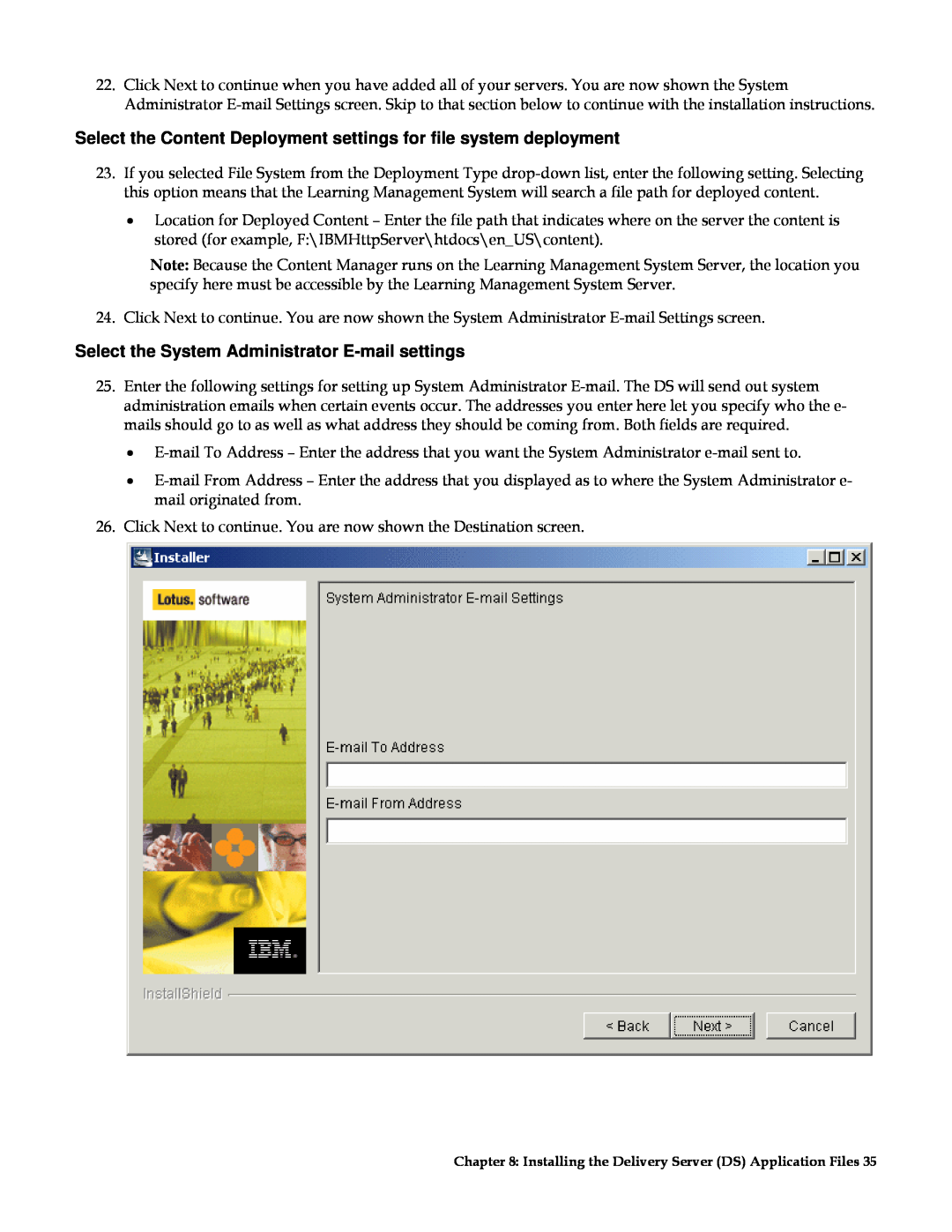 IBM G210-1784-00 manual Select the Content Deployment settings for file system deployment 