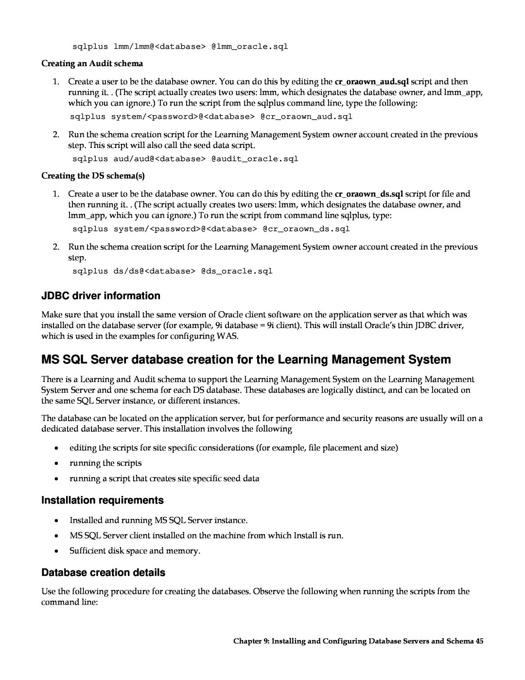 IBM G210-1784-00 manual MS SQL Server database creation for the Learning Management System, JDBC driver information 
