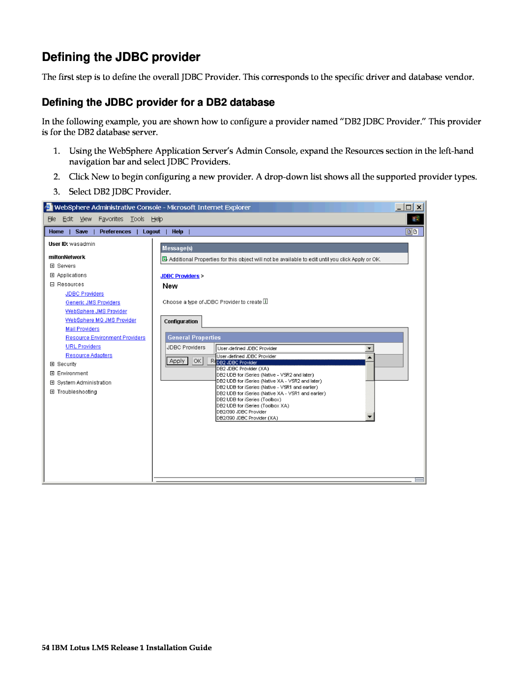IBM G210-1784-00 manual Defining the JDBC provider for a DB2 database 