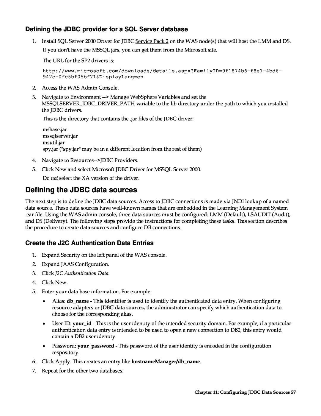 IBM G210-1784-00 manual Defining the JDBC data sources, Defining the JDBC provider for a SQL Server database 