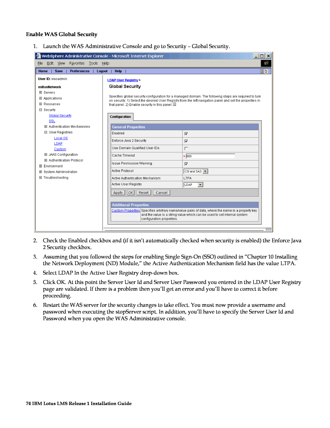 IBM G210-1784-00 manual Enable WAS Global Security 