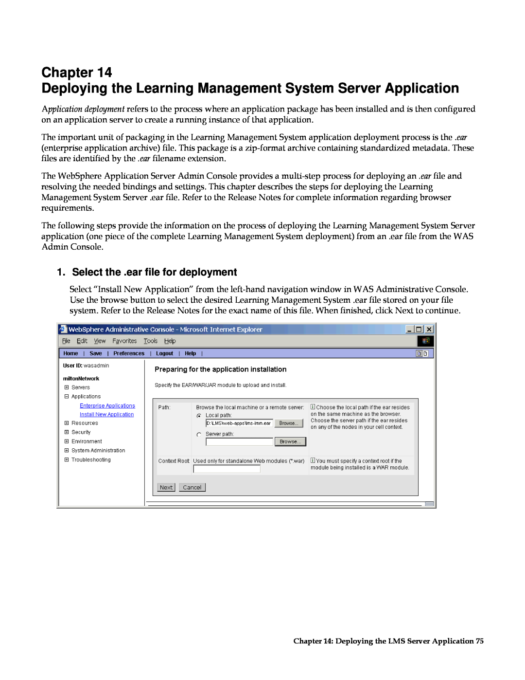 IBM G210-1784-00 Chapter Deploying the Learning Management System Server Application, Select the .ear file for deployment 