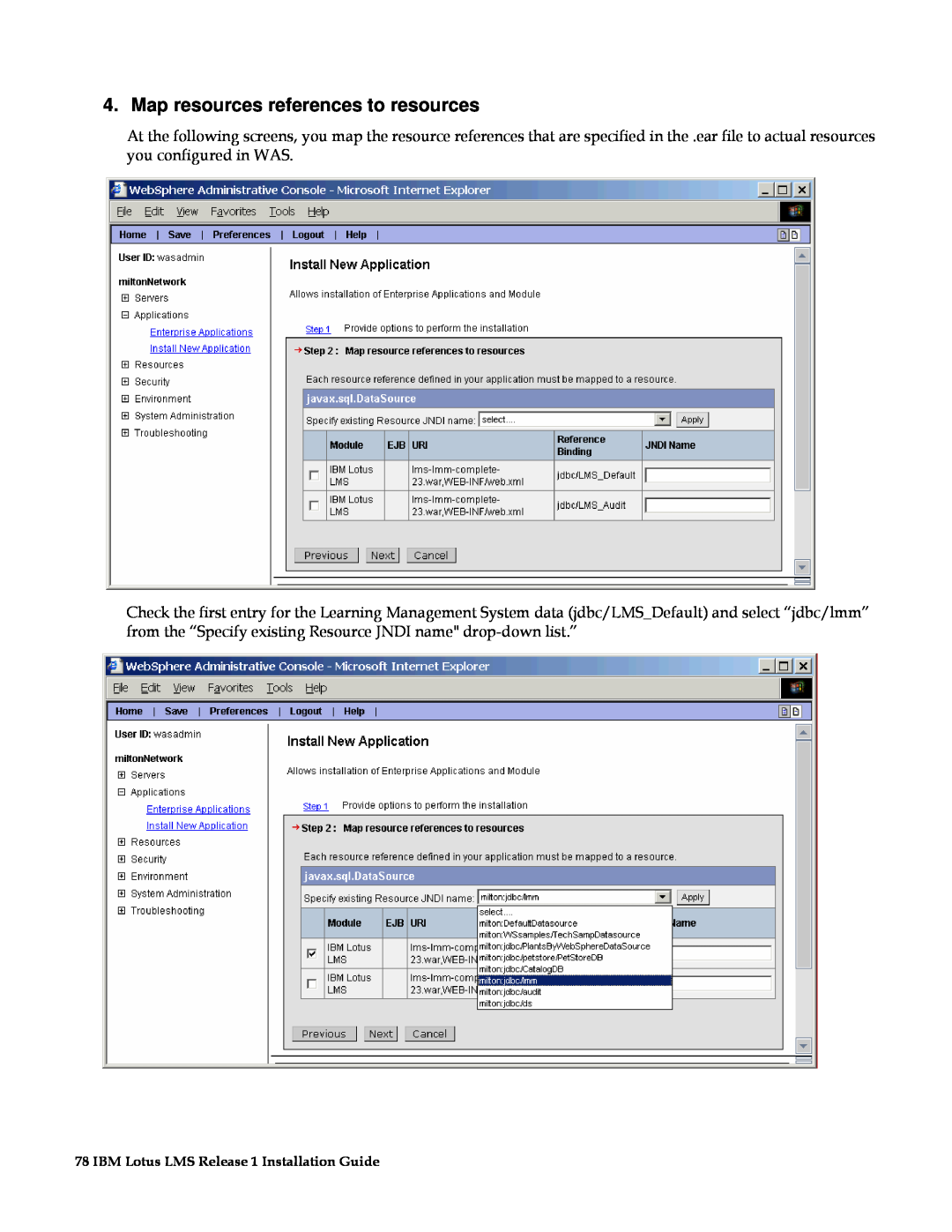 IBM G210-1784-00 manual Map resources references to resources, IBM Lotus LMS Release 1 Installation Guide 