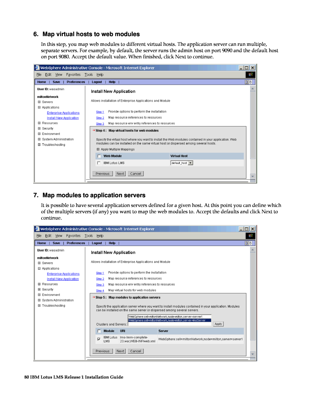 IBM G210-1784-00 manual Map virtual hosts to web modules, Map modules to application servers 