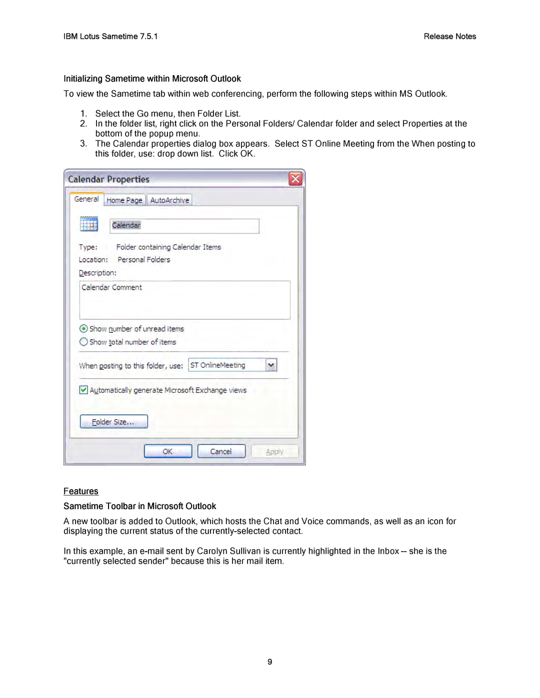 IBM G325-2585-02 manual Initializing Sametime within Microsoft Outlook, Features Sametime Toolbar in Microsoft Outlook 