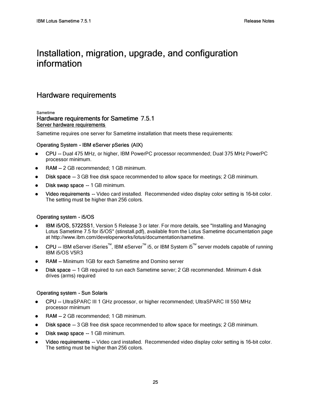 IBM G325-2585-02 manual Hardware requirements for Sametime 