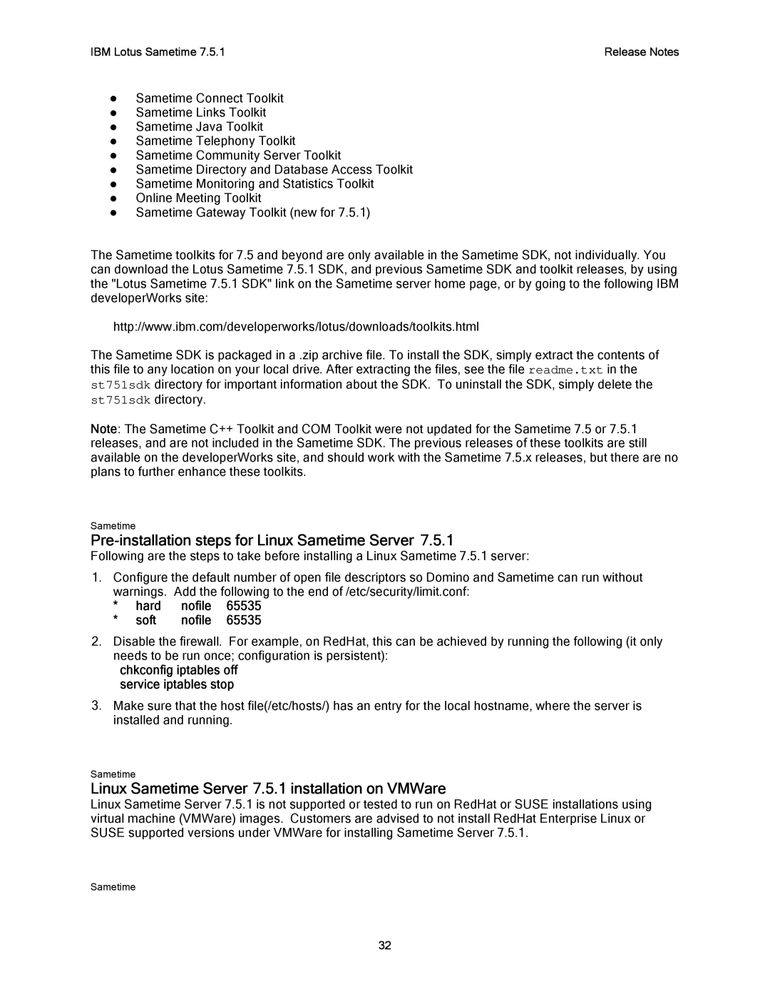 IBM G325-2585-02 Pre-installation steps for Linux Sametime Server, Linux Sametime Server 7.5.1 installation on VMWare 