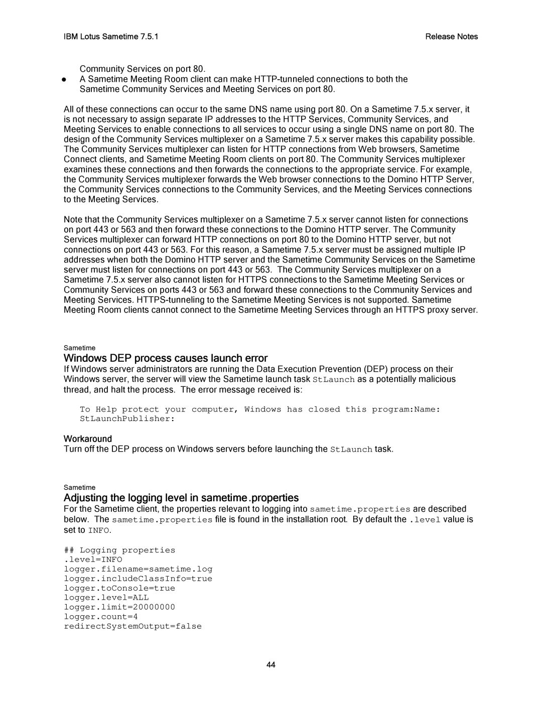 IBM G325-2585-02 Windows DEP process causes launch error, Adjusting the logging level in sametime .properties, Workaround 