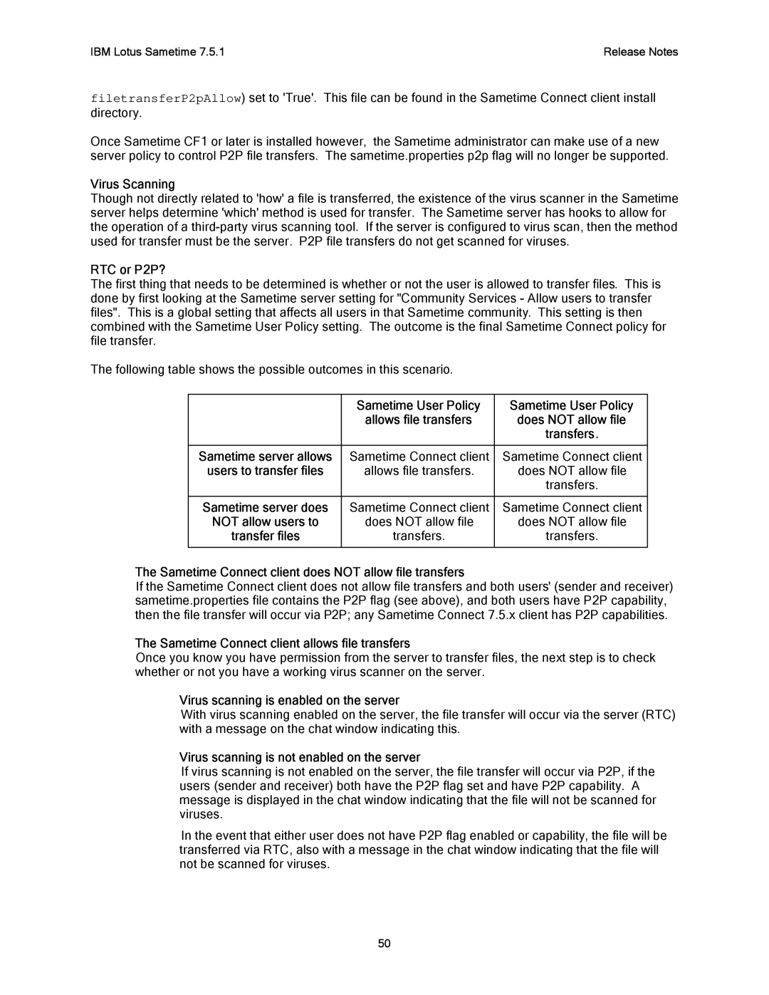 IBM G325-2585-02 Virus Scanning, RTC or P2P?, Allows file transfers, Transfers, Virus scanning is enabled on the server 